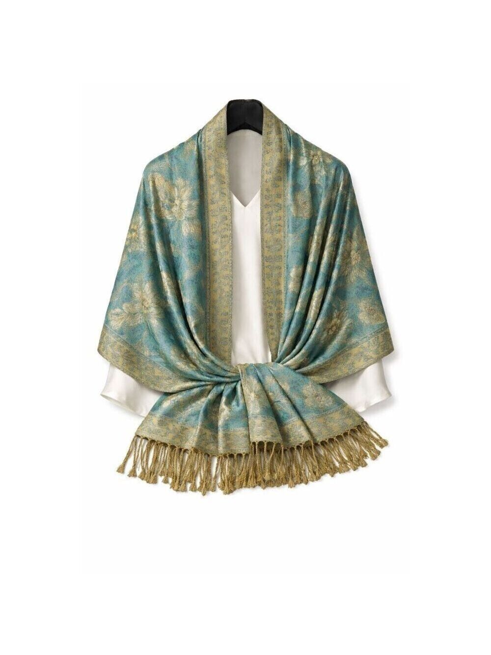 Teal Gold Paisley Jacquard Scarf Shawl Fringe Boho Wrap Women 72x28